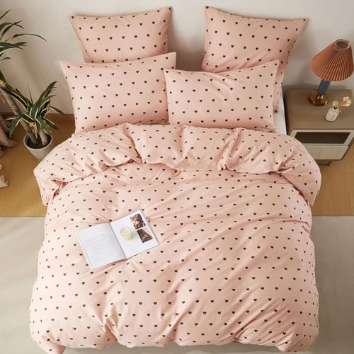 Nyescasa bedding 135x200 pink heart pattern 100% cotton girls children's heart bedding set with zipper, 1 duvet cover 135x200 and 1 pillowcase 80x80 cm