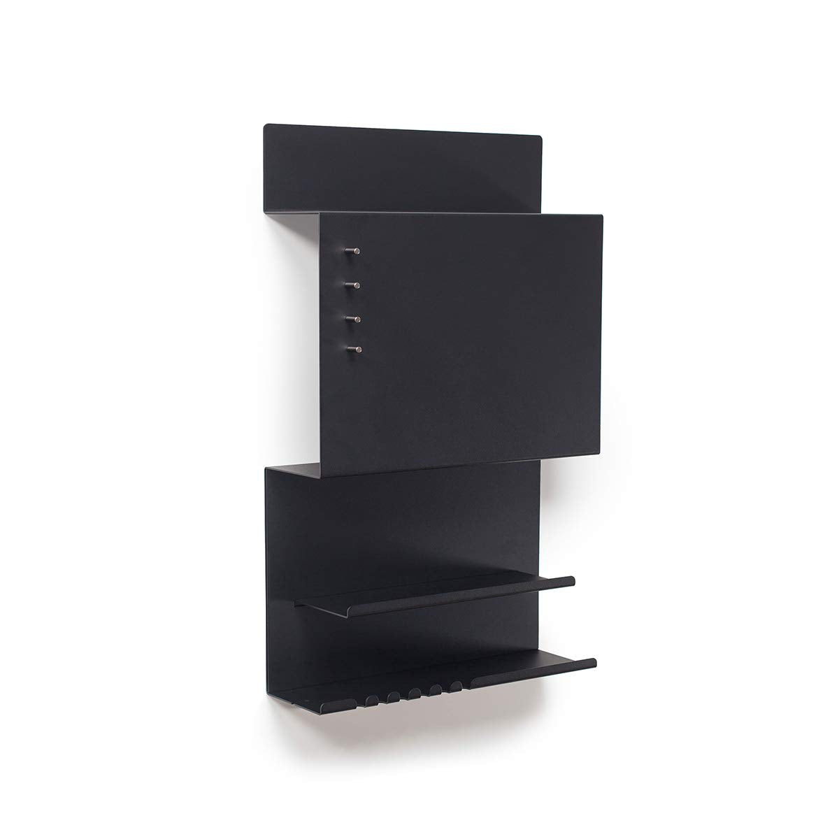 Offer wall organizer Hepe made of steel structure. 30 x 9 x 49 cm 3-in-1 wall shelf with magnetic board and magnets. Board for keys, newspapers, and notes. Black color.