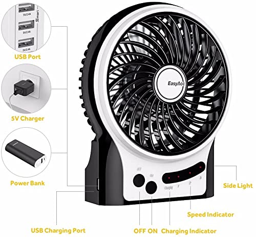 EasyAcc Desk Fan Battery, USB Fan Battery Portable Mini Fan with Side Light 2600 Battery 3 Speeds Table Fan Battery Fan Travel, Home, Outdoor, Office, Camping