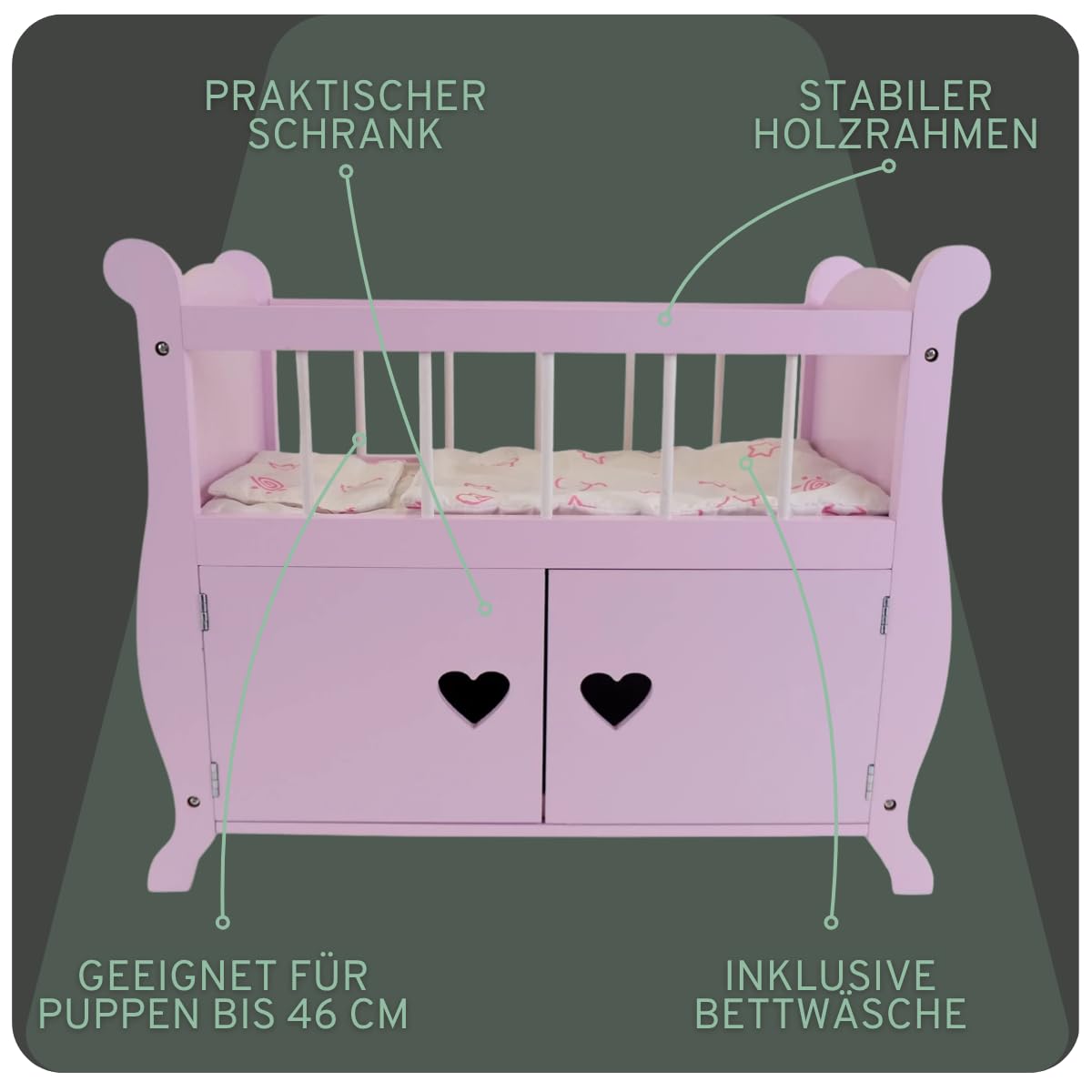 Bandits & Angels wooden doll bed Sweetheart with wardrobe pink - Suitable for dolls up to 46 cm - Includes blanket - Doll furniture.