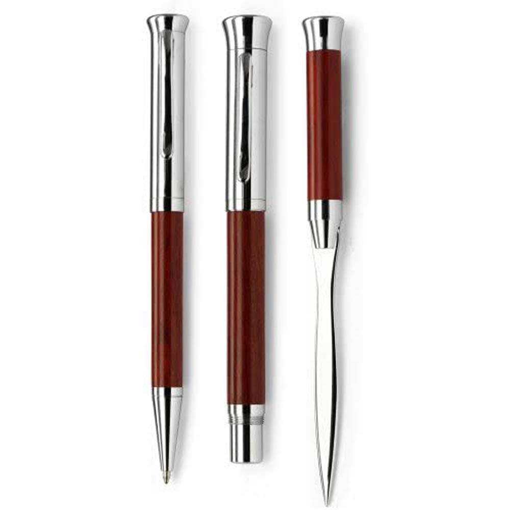 noTrash2003 elegant writing set made of rosewood including twist ballpoint pen, fountain pen, and letter opener - writing instruments in case 21.0 x 10.2 x 4.7 cm