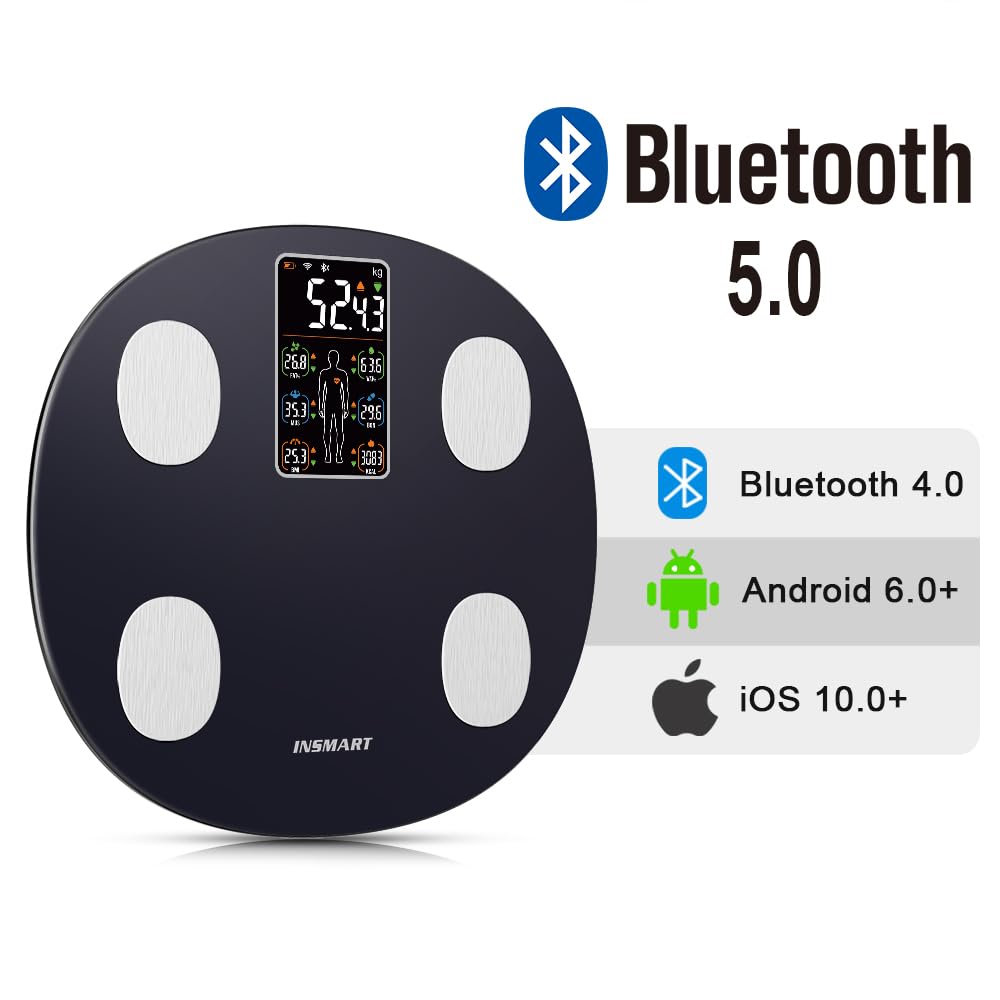 INSMART smart body fat scale digital scale with APP, Bluetooth scale for heart rate, body fat, BMI, weight, muscle mass, water, protein, skeletal muscle, BMR, etc. (18 data points)