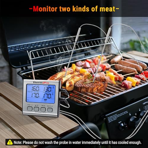 ThermoPro TP17 Digital Meat Thermometer with Dual Probe, Large LCD Backlight, Food Grill Thermometer with Timer Mode for Smoker, Kitchen, Oven, BBQ, Silver