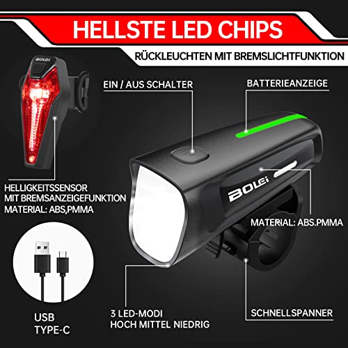 BOLEi LED Bike Light Set 100 LUX | StVZO Approved Bike Lamp | USB Rechargeable Bike Lighting | IPX5 Waterproof Bike Lights | Battery Reminder