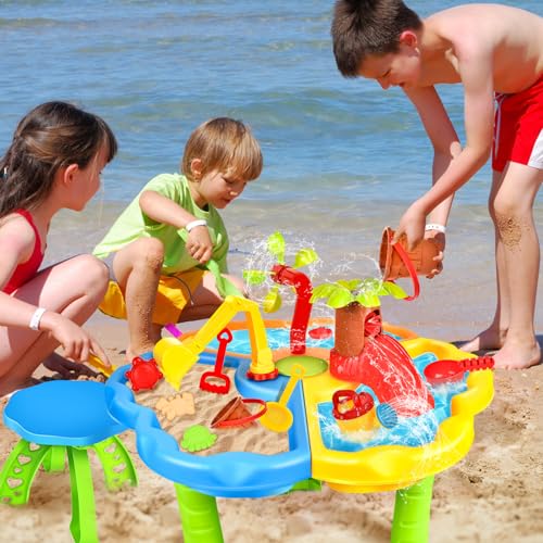 JONRRYIN Sand Water Table for Toddlers, 3-Tier Kids Sand Water Table Toy, Water Play Table Outdoor Beach Toy, Large Play Table Summer Water Toy for Boys (Dark Green)