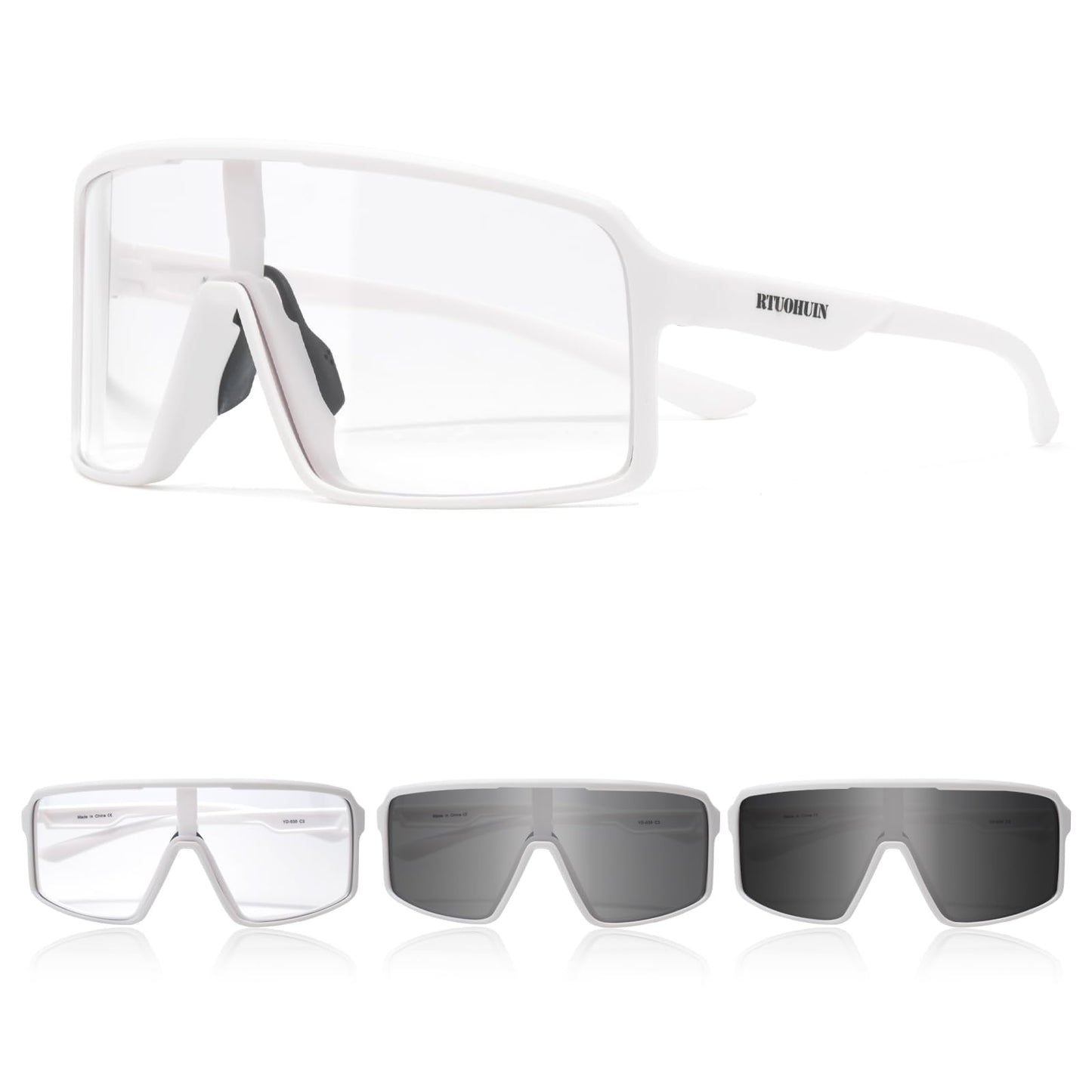 RTUOHUIN Self-Tinting Cycling Glasses for Men Women Photochromic Sports Sunglasses UV400 Protection Clear Road Cycling Glasses TR90 Frame Fast Cycling for Cycling, Running, Outdoor Sports - Sand-White