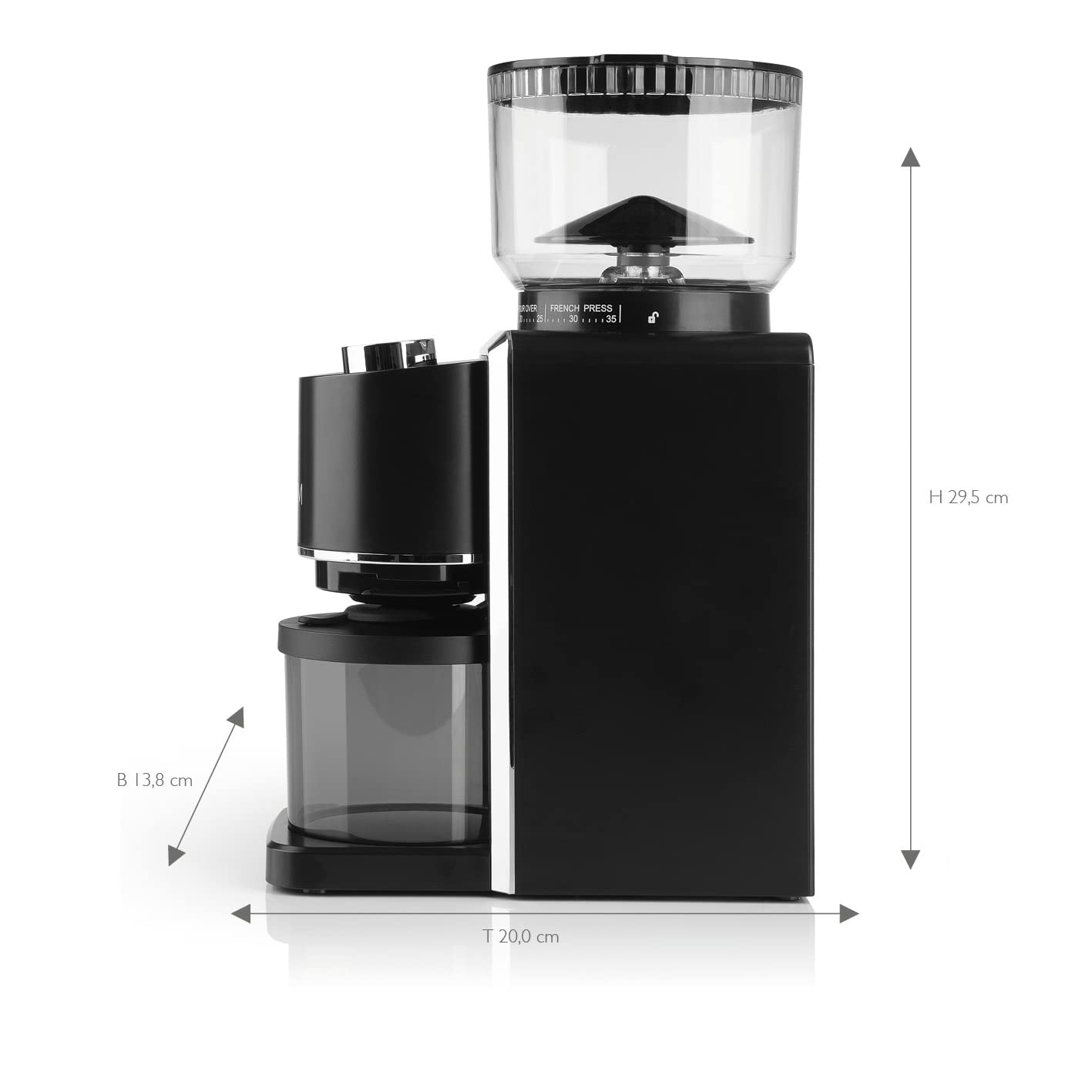 BEEM GRIND-PERFECT Electric Coffee Grinder - 250 g | 35 grind settings, conical burr grinder, adjustable dose with dial (2-12 cups) | Grind directly into portafilter with Ø 52-58 mm