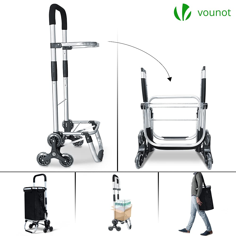 VOUNOT Aluminum Shopping Cart Stair Climber, Foldable Trolley Cart with 6 Wheels and Cooler Compartment, Waterproof, 58L, Black