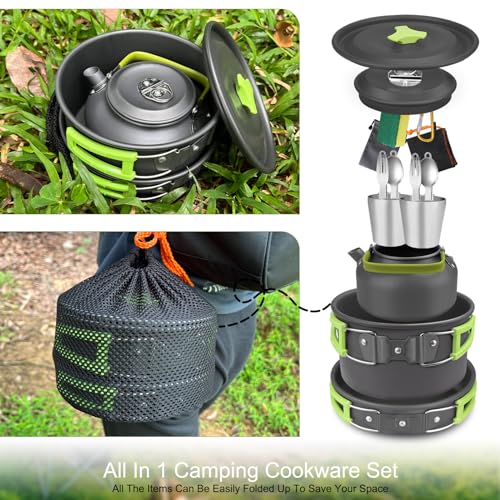 AUTOPkio Camping Cookware Set, 14-Piece Camping Pots Outdoor Cooking Pot with 0.8L Teapot 2 Cups Foldable Utensils Aluminum Picnic Pot for 2-3 People Hiking BBQ (Set with Cups)