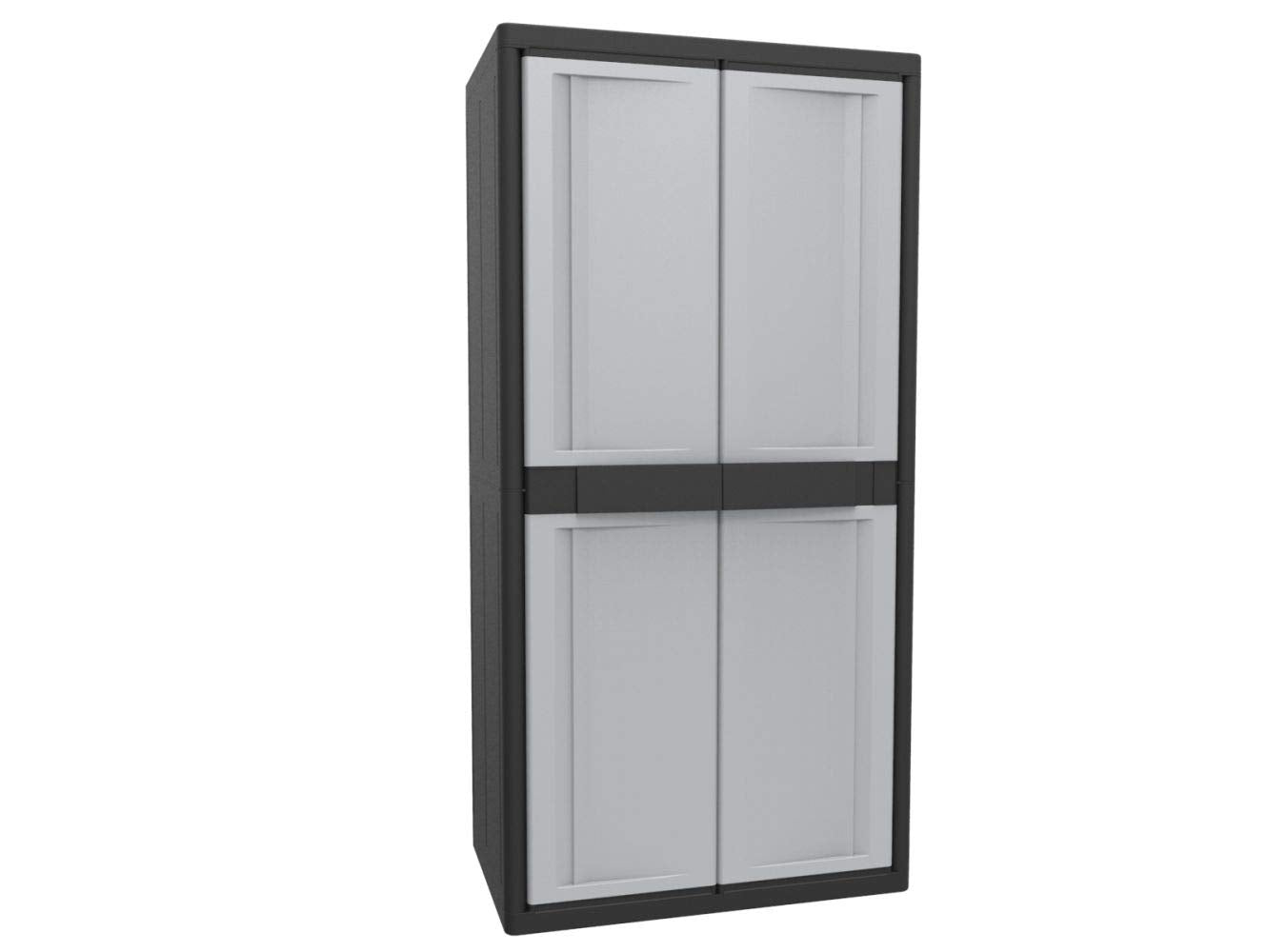 Kreher XXL plastic utility cabinet with a solid bottom, narrow shelves, and open compartment for bulky items. Features lockable doors. Dimensions WxDxH in cm: 89.7 x 53.7 x 180 cm.