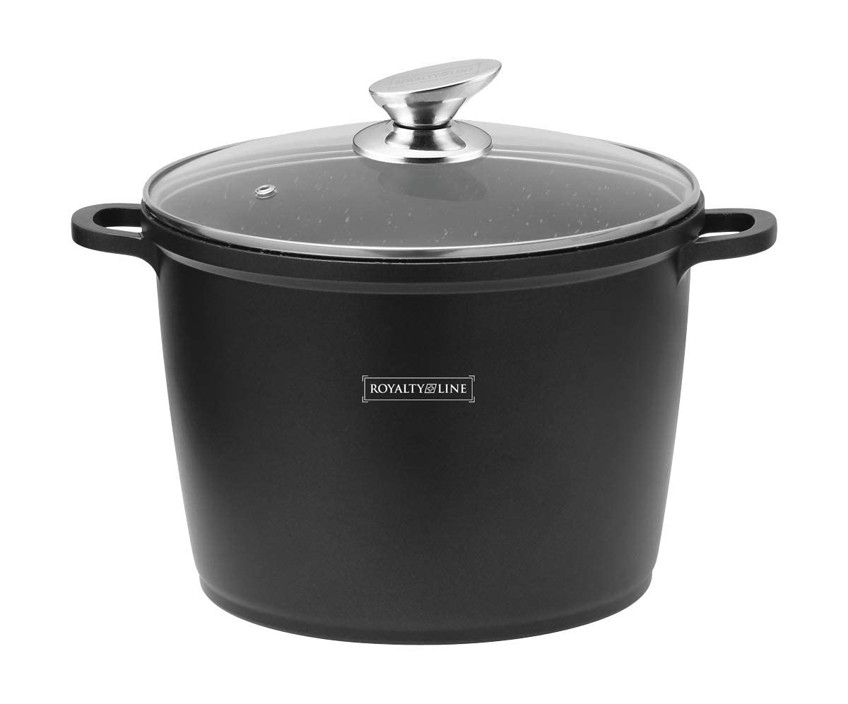 Royalty Line - Cooking Pot with Glass Lid, Non-stick Coated, Induction Compatible, Black, 7 Liters, 24 cm