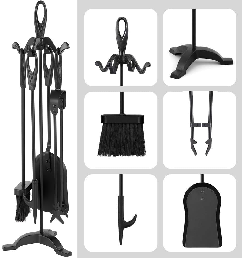 Amagabeli 25.2”(64cm) 5-piece Fireplace Tools Set Wrought Iron and Interior Fireplace Accessories Wood Holder Fireplace Stand Fire Tongs Shovel Antique Brush Chimney Poker Wood Stove (Black)
