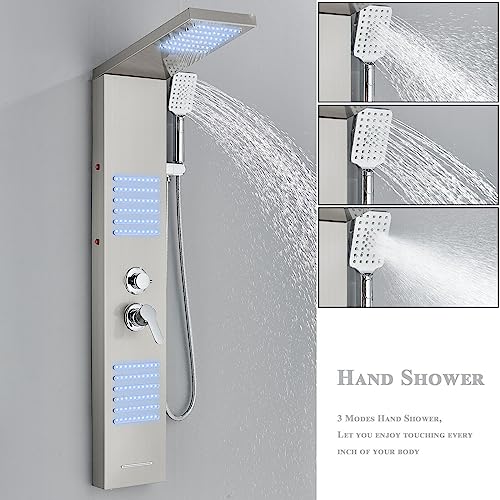 Shower panel with faucet, rain shower, bathtub faucet, shower column, shower system, shower set, brushed nickel LED stainless steel 304 with 4 shower functions.