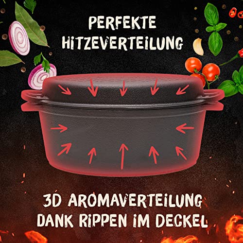 FLAVEMOTION cast iron pot with lid as a grill pan, 30cm, oval, 6.5kg, bread baking, stew pot - roaster & grill pan induction compatible, accessories
