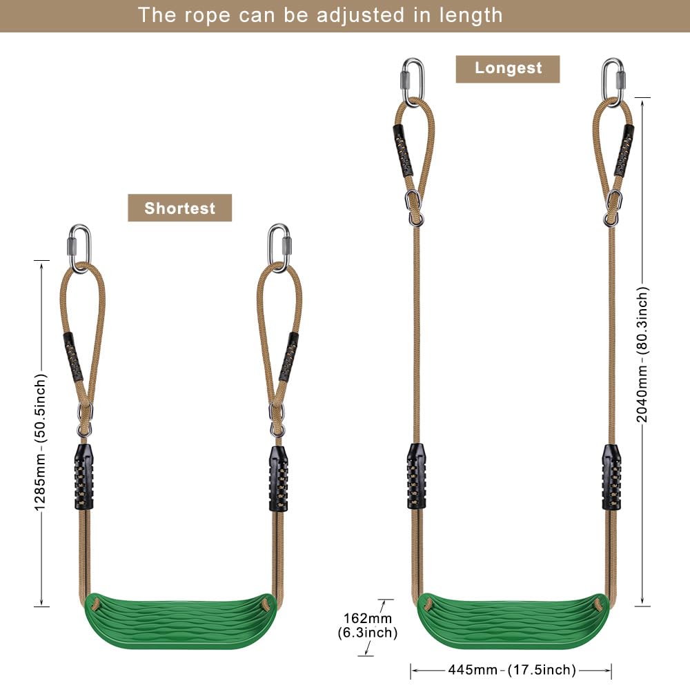 BeneLabel Non-Slip Swing Seat with Adjustable Rope and Carabiners - Heavy Duty Playground Swing Set Accessories for Kids and Adults - 220LB Capacity-Green