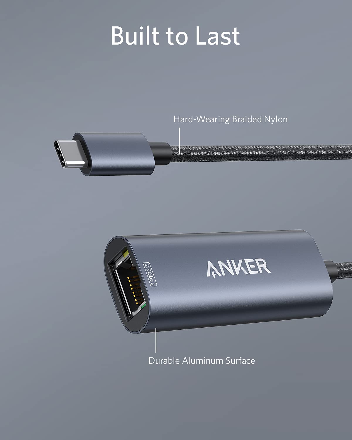 Anchor PowerExpand USB-C to Gigabit Ethernet Adapter, USB-C to 2.5 Gbps Ethernet Hub made of aluminum, Compatible with MacBook Pro, MacBook Air 2018 and later, iPad Pro 2018, XPS