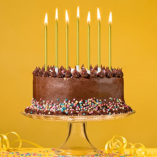 DONQL Birthday Candles, tall cake candles, long birthday candles, thin cupcake candles with holders for birthday cake, baby shower, cakes, wedding, party decoration (24 pieces, gold)