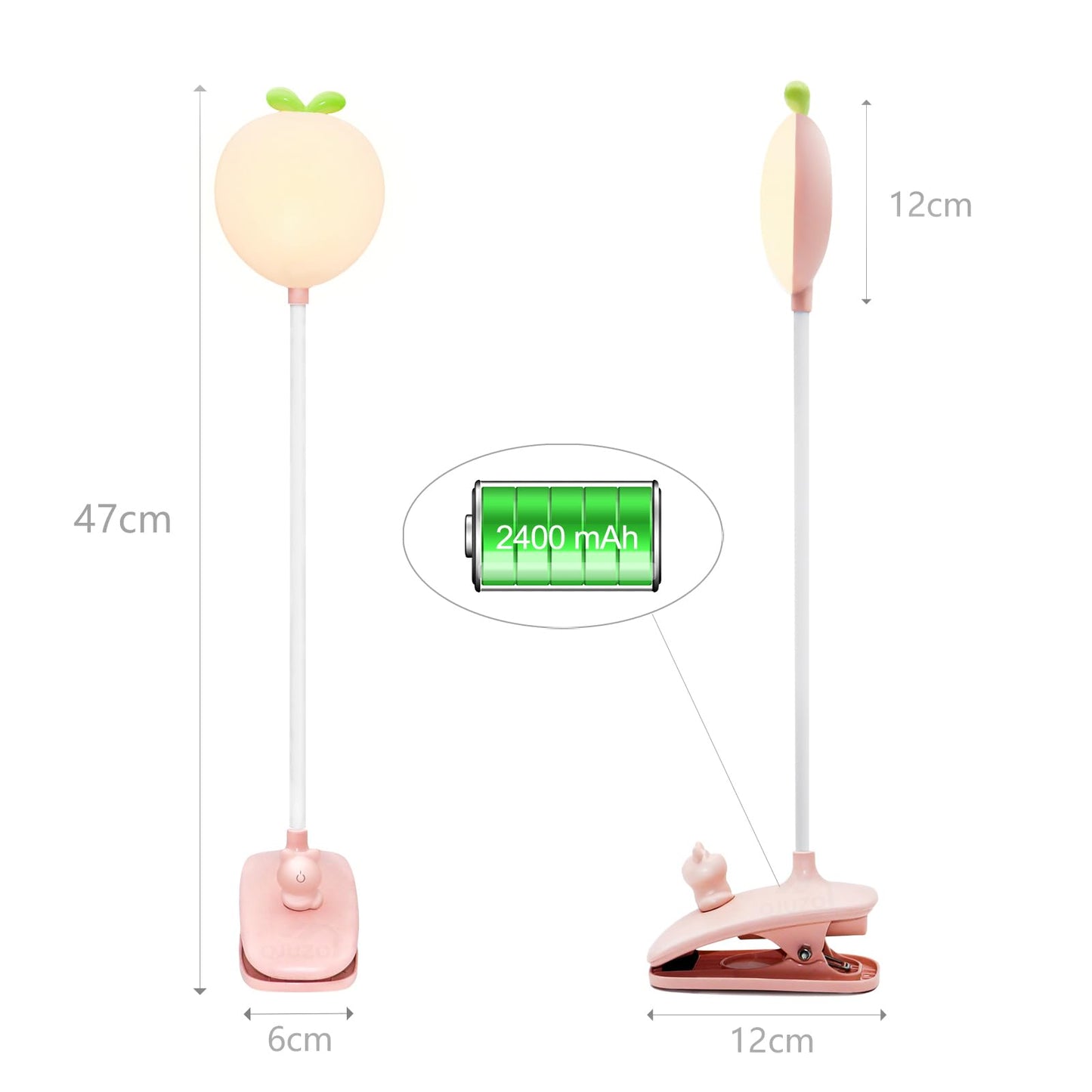 QJUZO Clip-on bedside lamp for children, LED clip light with dimmable reading lamp, book clip USB rechargeable desk lamp with flexible gooseneck, 2400mAh battery, pink