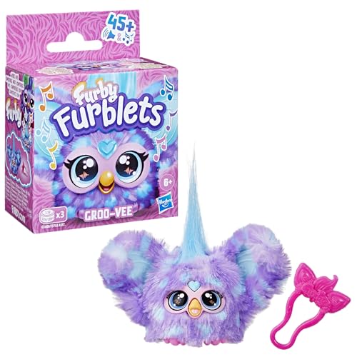 Furby Furblets Groo-Vee Mini, electronic music & phrases in Furbish (over 45 sounds), pastel-colored plush toy, for kids ages 6+, original stocking stuffer, Purple
