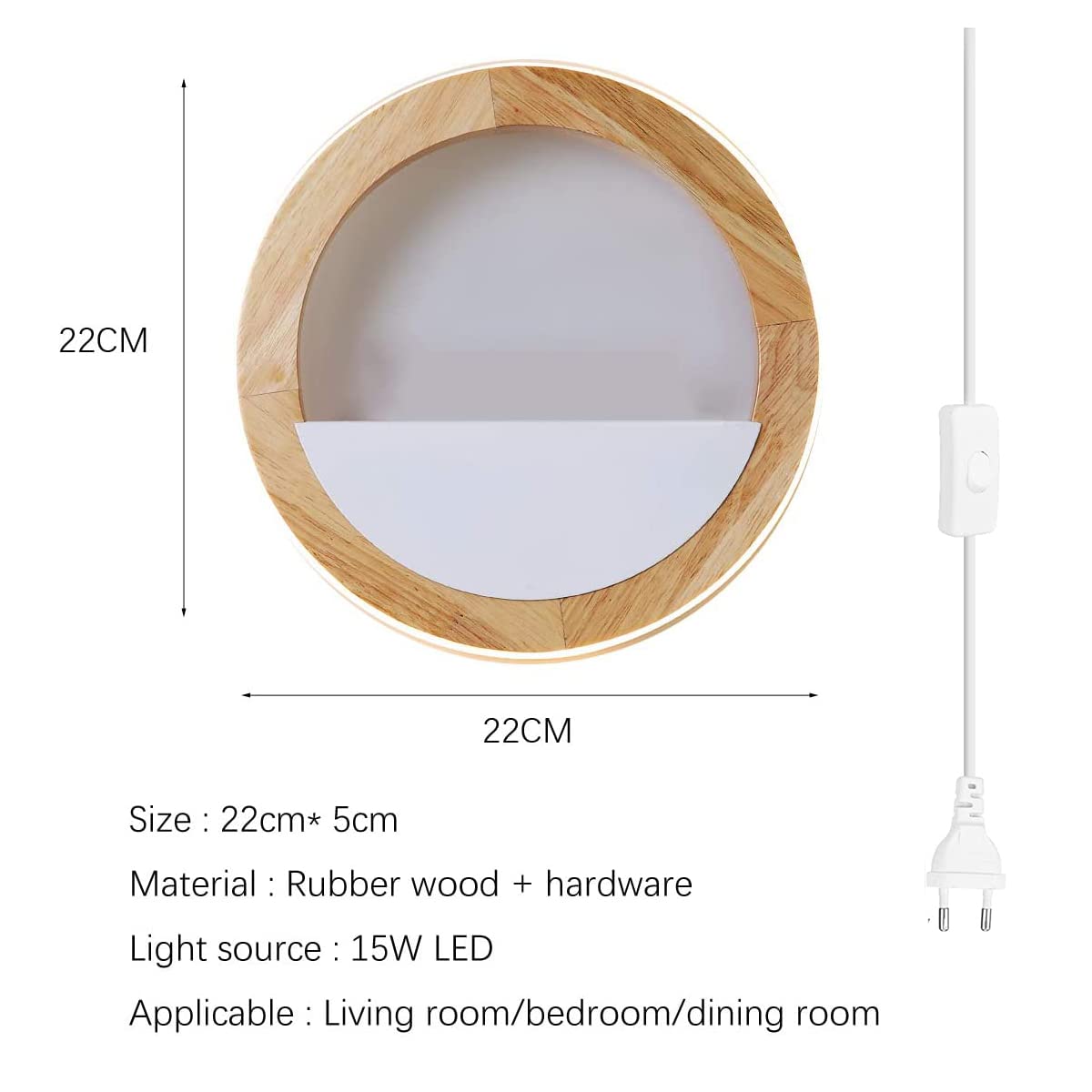 QJUZO Kids Room Wall Light Wood with Plug and Switch, 15W LED Round Indoor Wooden Wall Lamp for Bedroom Night Light Children Bed Lamp, Warm White/Cool White/Neutral White