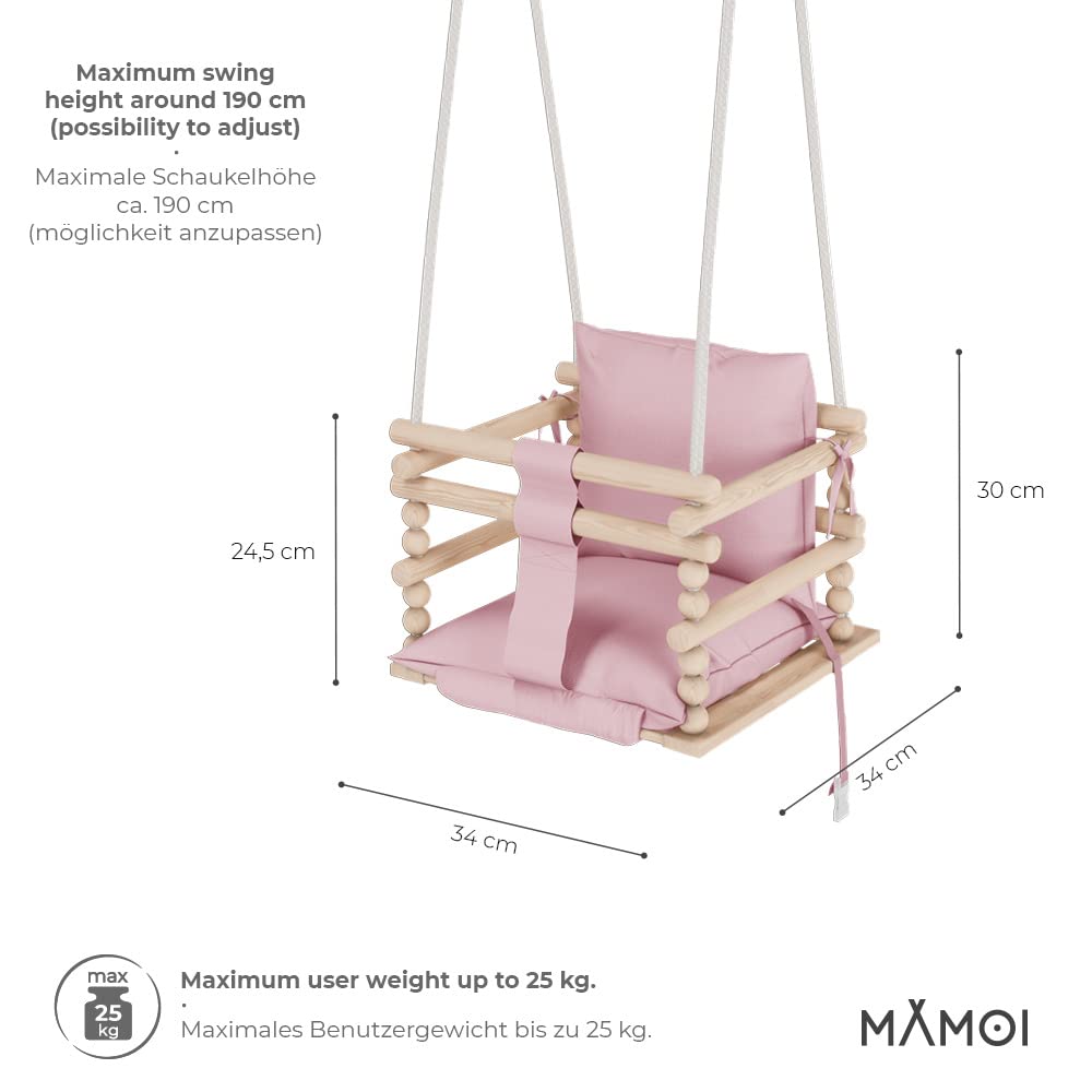 MAMOI® baby swing, indoor swing, wooden swing for babies and children, children's swing, wooden swings, toddler swing for nursery and door frames, 3 in 1.