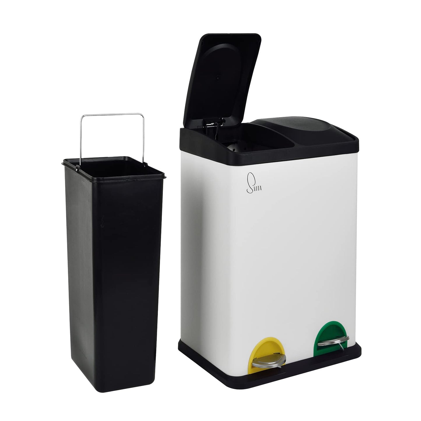 SVITA TC2X20 Kitchen Bin 40L Capacity 2x20L Trash Bin 2 Compartment Garbage Can Waste Separation Step Bin Steel White