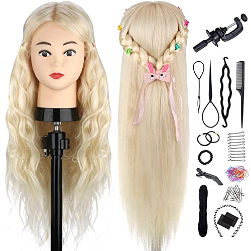 Practice Head, TopDirect 60cm/24 Inch 70% Real Hair Mannequin Head Wig Head Doll Head Hairdresser Head Training Heads with Stand + DIY Hair Accessories Styling, White