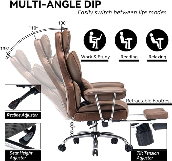 Efomao office chair ergonomic, PU leather executive chair, office chair 200 kg with footrest and lumbar support, Adjustable high-back chair, Brown.