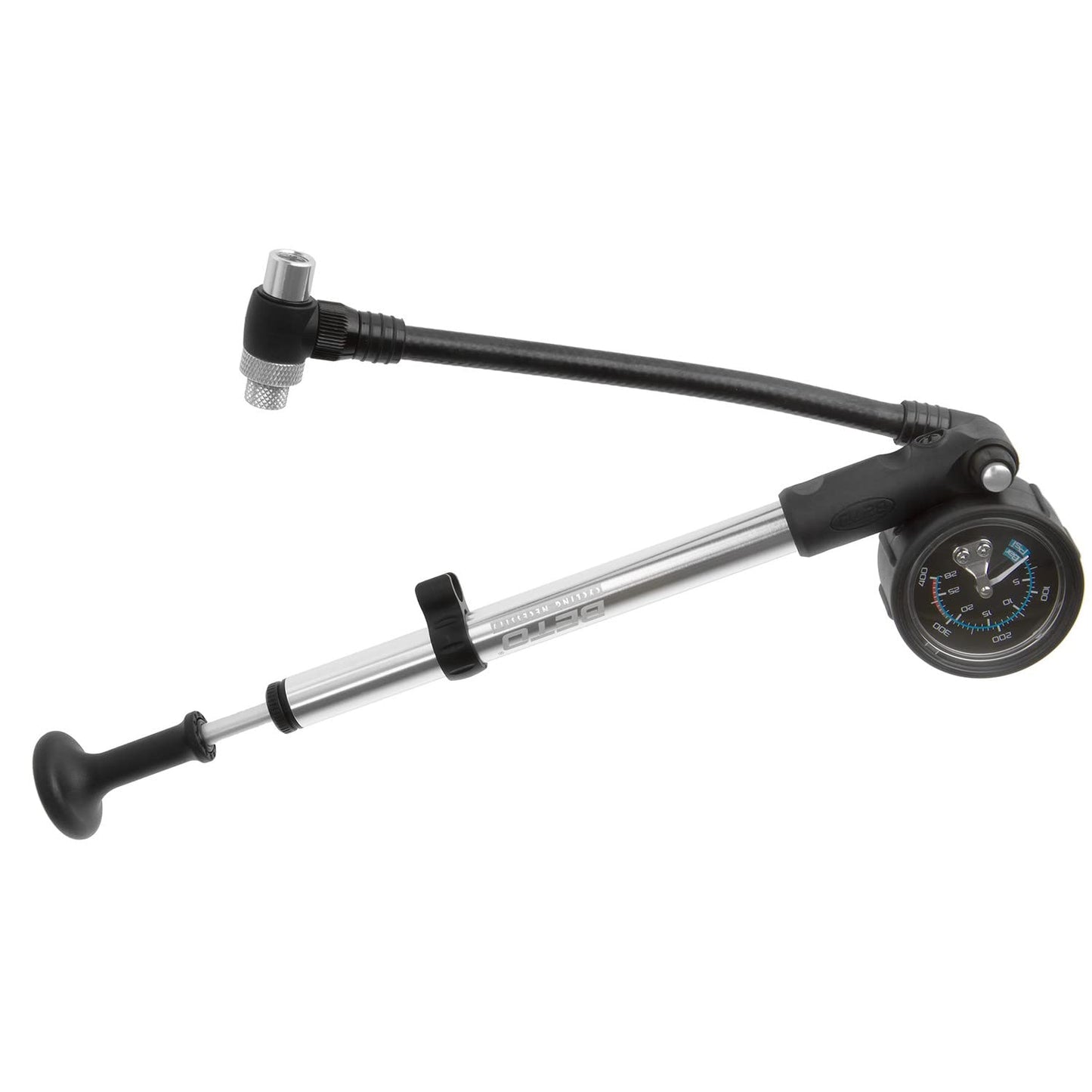 BETO bike pump, shock pump with gauge and release valve, hand pump, 400psi/28bar, AV/auto valve/Schrader valve/American valve, silver/black.