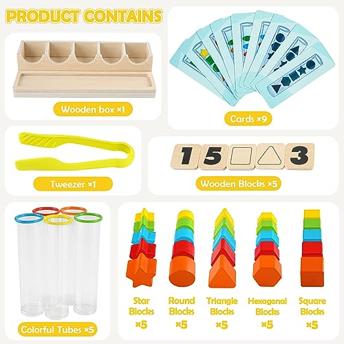 Joyreal Montessori Toy Sorting Game Counting Stacking Toy Wooden Learning Toy Shape Matching Game Gift for Kids Girls Boys 3 4 5 Years
