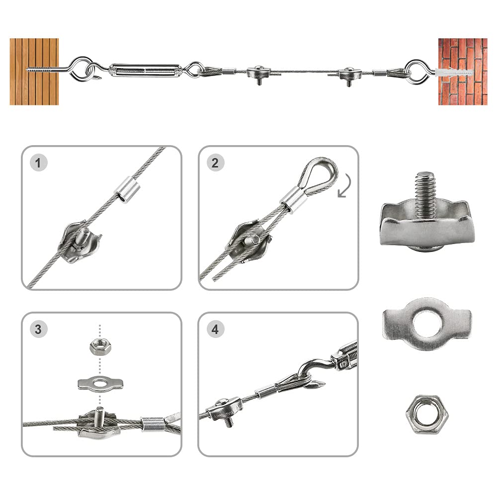 Stainless Steel Wire Rope Trellis - 35m PVC Coated Steel Cable Tensioning Kit with Turnbuckle M5, Eye Screw, Thimble, Wire Rope Clamp & Aluminum Rope Clamp for Climbing Plants, Railing, Light/Picture Hanging.