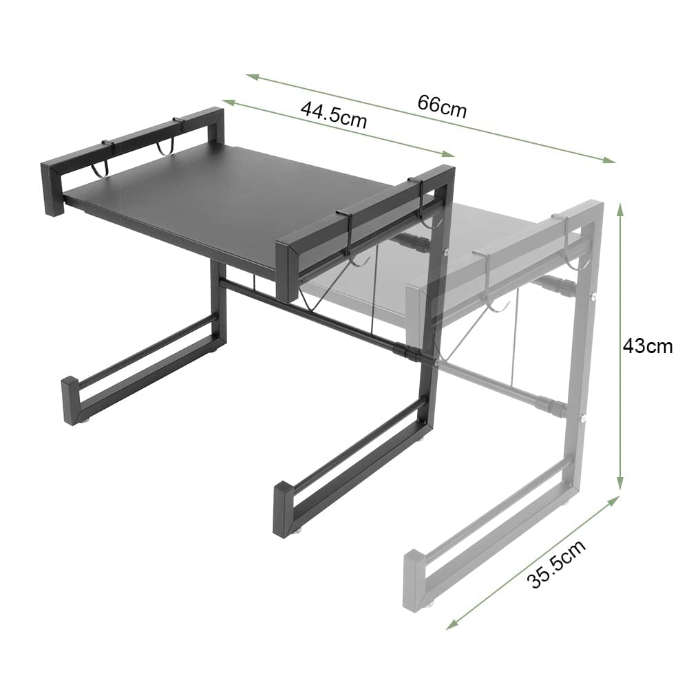 Microwave shelves, stainless steel kitchen shelf, retractable microwave rack, multifunctional microwave holder, kitchen storage organizer, microwave stand with 4 storage hooks, black.