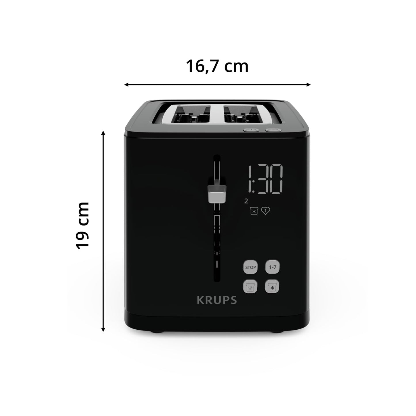 Krups KH641810 Smart'n Light Toaster, Two-Slice Toaster, Digital Display, 7 Browning Levels, Removable Crumb Tray, Countdown, Lift Function, Black