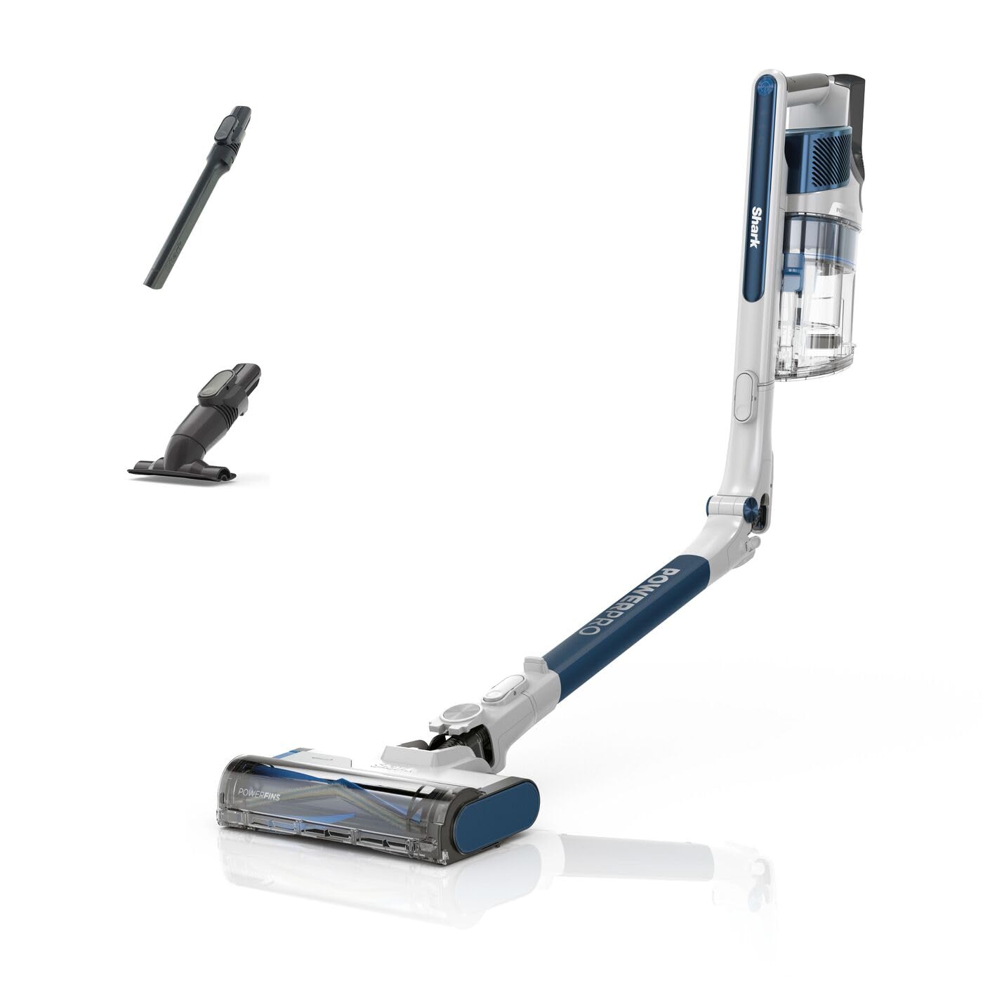 Shark PowerPro cordless vacuum cleaner with up to 50 minutes runtime, bagless, ideal for pet hair, allergies, carpet and hard floors, featuring LED lights and flexible joint pipe, Navy Blue, IZ380EU.