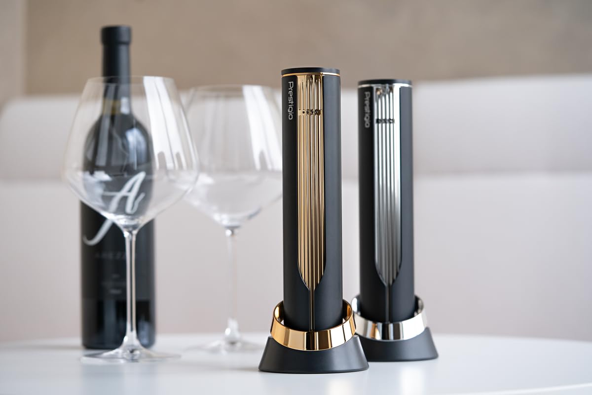 Prestigio Maggiore Electric Corkscrew - Premium wine bottle opener with charging station - Integrated foil cutter - Packed in high-quality gift box - Black/Gold