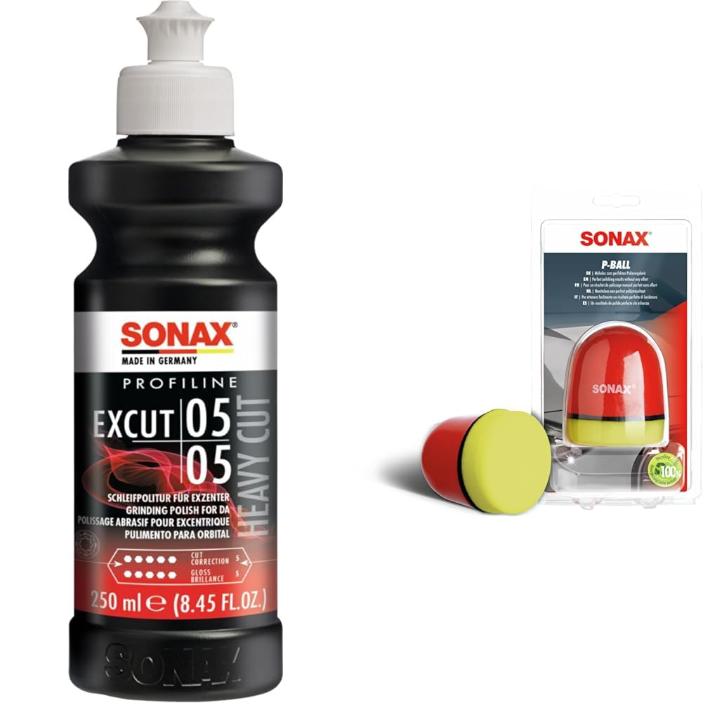 SONAX PROFILINE ExCut 05-05 (250 ml) & P-Ball (1 piece) effortlessly and quickly achieve the perfect polishing result, Part No. 04173410.