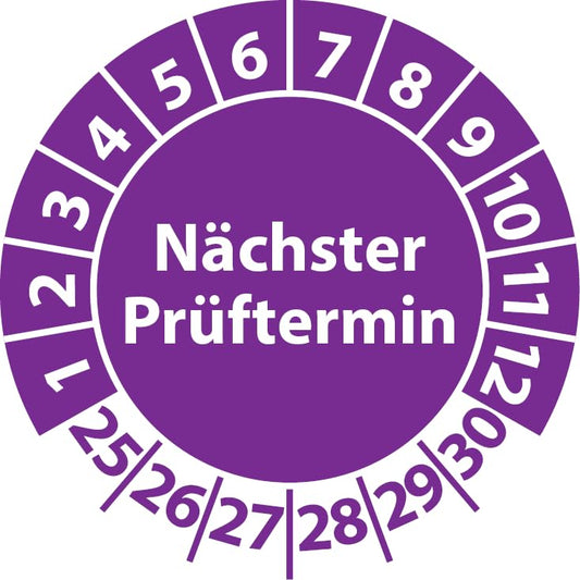 Inspection sticker next inspection date, vinyl film, self-adhesive, inspection decal, inspection label, sticker (20 mm Ø, violet, 500)