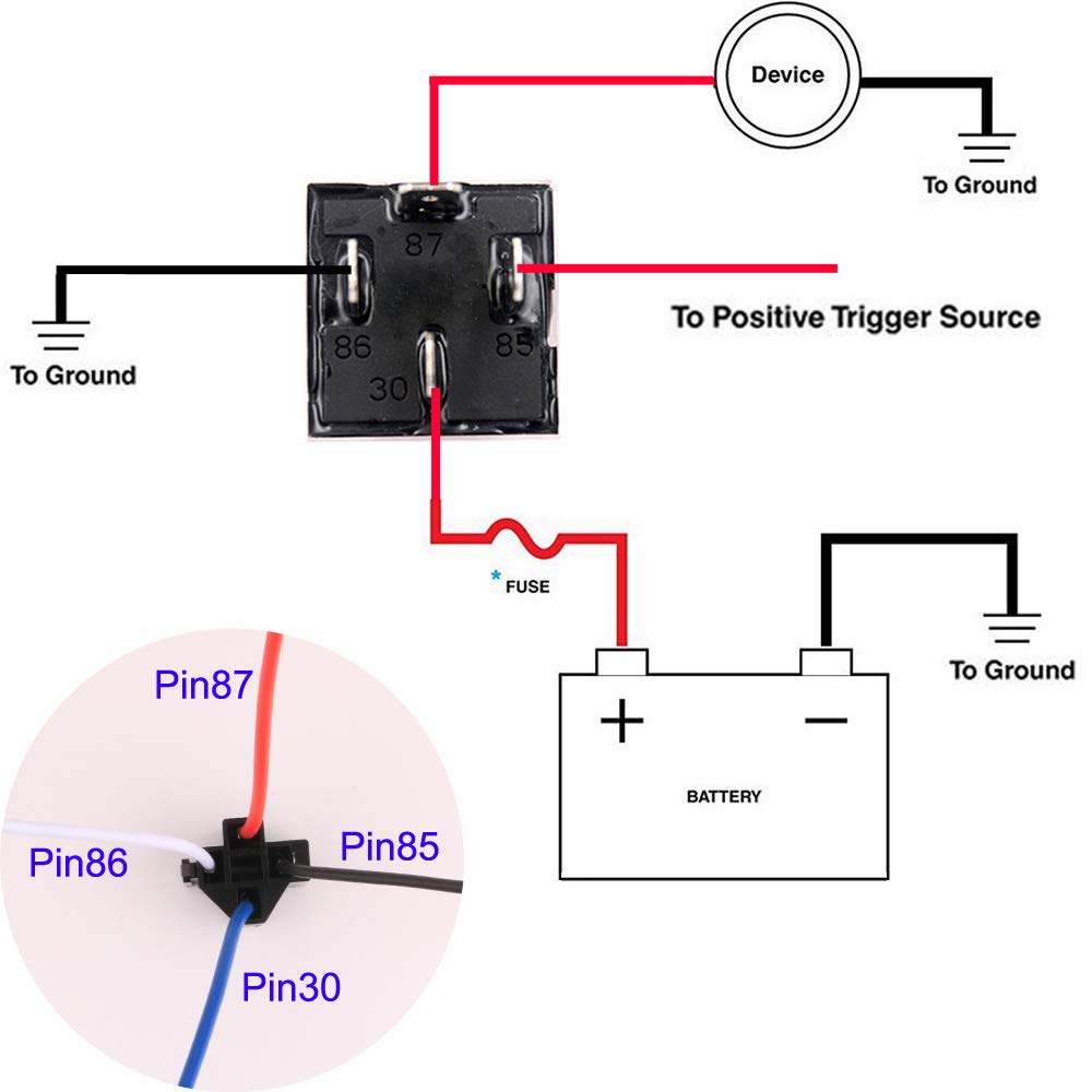5-piece JD1912 auto relay wiring harness, 12V, 40A, 4-pole, SPST, 12 AWG, harness sockets with built-in diode for cars, trucks, vans, motorcycles, boats.