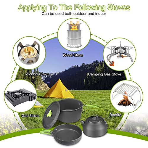AUTOPkio Camping Cookware Set, 14-Piece Camping Pots Outdoor Cooking Pot with 0.8L Teapot 2 Cups Foldable Utensils Aluminum Picnic Pot for 2-3 People Hiking BBQ (Set with Cups)