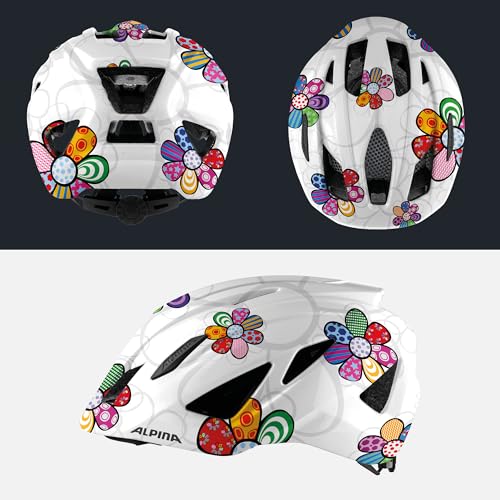 Alpina PICO - Lightweight, optimally ventilated & impact resistant bike helmet with insect net for children, optional with light, pearl white-flower gloss, 50-55 cm.