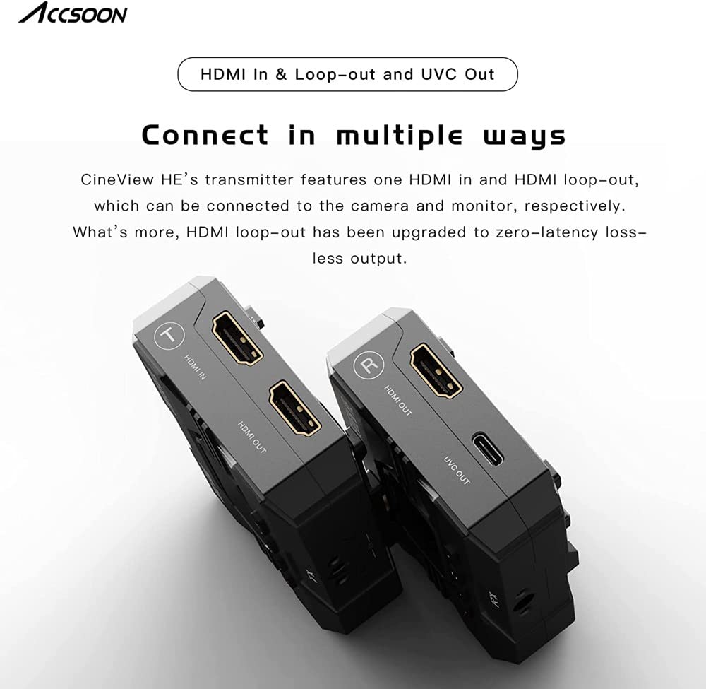 Accsoon CineView WIT04-HE video transmission dual-band HDMI wireless transmitter & receiver with a range of 1200ft (350m) and support for up to 4 monitor devices. Operates on 2.4+5Ghz frequencies with latency of less than 0.06s.