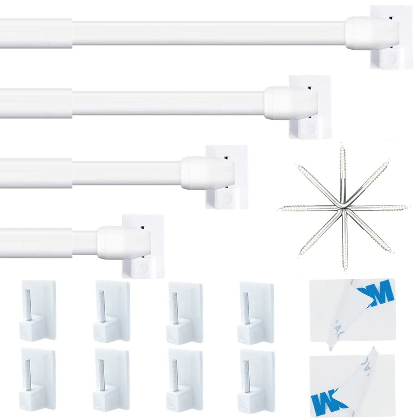 4 pieces of extendible curtain rods for curtains, windows, kitchen, DIY projects. Adjustable length from 40-70cm in white color.