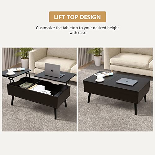 VOWNER coffee table, adjustable height, extendable, retractable, separate hidden storage compartment, double lift top, living room table, black walnut color.