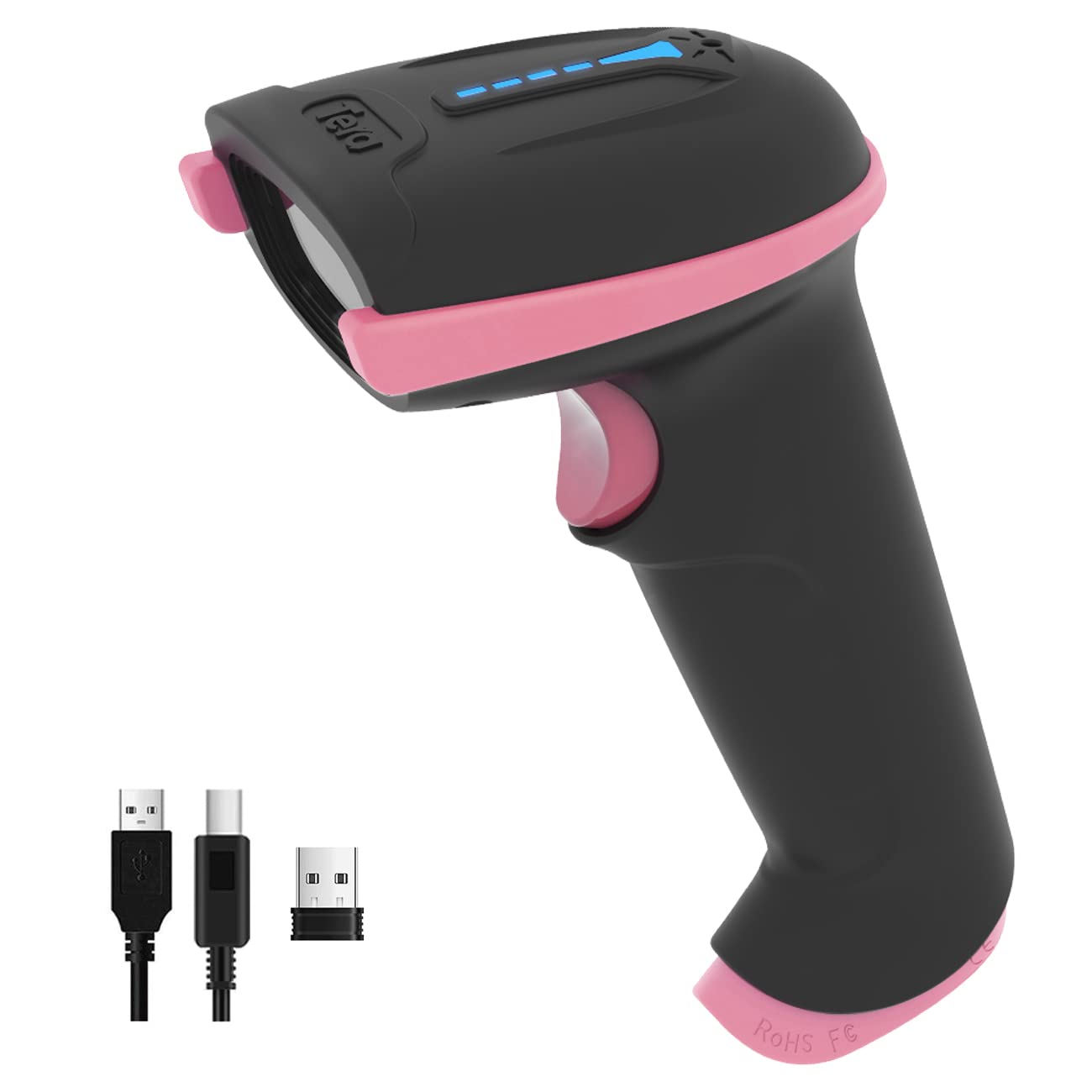 Tera Wireless Barcode Scanner Handheld 1D Laser Wireless and USB Wired with Battery Level Indicator, Extra Large 2200mAh Battery and Ergonomic Design, Patent No.: EU008489413, Upgrade Model 5100 Pink