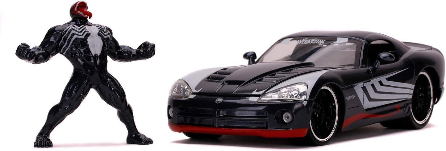 Jada Toys Marvel Venom, 2008 Dodge Viper, SRT10, die-cast toy car with opening doors, trunk, and hood, includes die-cast Venom figure, 1:24 scale, black