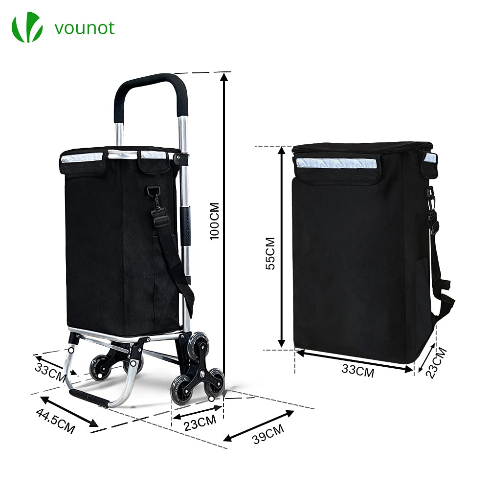 VOUNOT Aluminum Shopping Cart Stair Climber, Foldable Trolley Cart with 6 Wheels and Cooler Compartment, Waterproof, 58L, Black