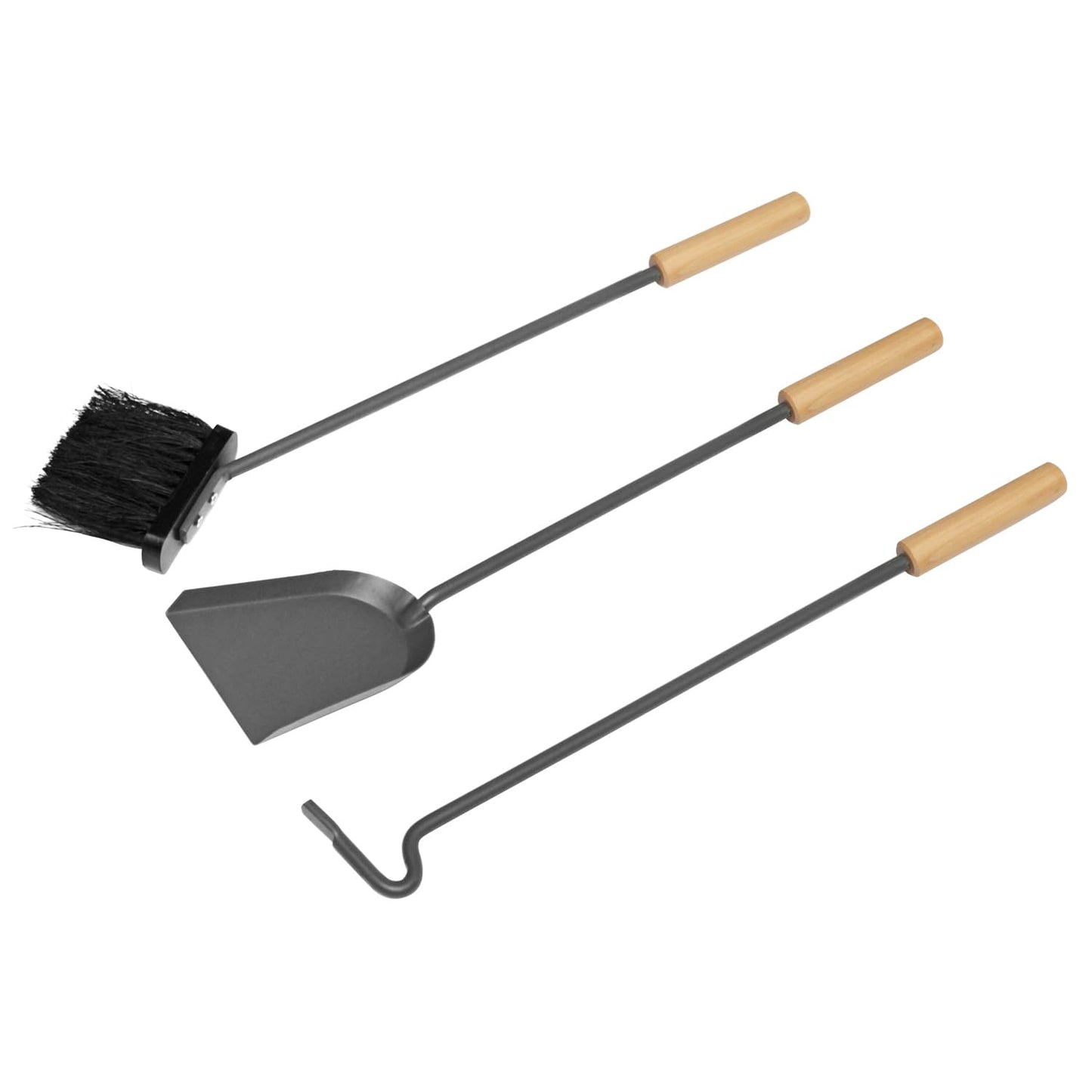 raik Fireplace Tools Gustav 3-piece set made of steel Fireplace utensils in anthracite grey Fireplace set with wooden handles shovel broom and poker 60x23x17 cm
