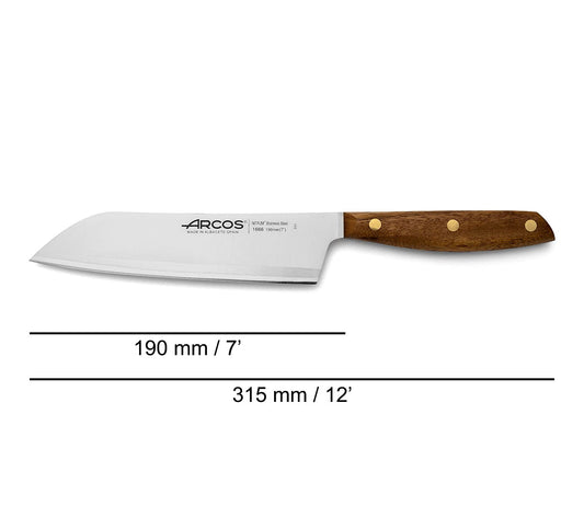 Arcos Nordika Series - Santoku Knife - Nitrum Stainless Steel - 190 mm Blade - Ovengkol Wood Handle 100% natural FSC - 100% recycled packaging - Brown Color