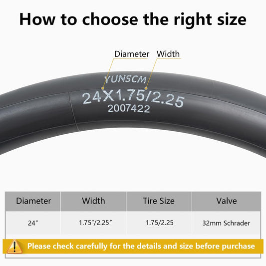YunSCM 2PCS 45/57-507 Thickened 24 Inch Inner Tube 24x1.75 24x1.95 24x2.0 24x2.10 24x2.125 24x2.25 AV32mm Valve Compatible with 24 Inch Bike Tube/Mountain Bike/E-Bike 24x1.75/1.95/2.125/2.25