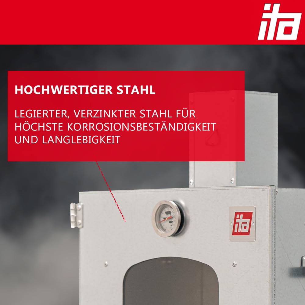 ITA Smokehouse 7012 - Smoker Set with Smoke Generator & Wood Chips - Smoke cabinet with 3 levels - Alloy steel, with viewing window & chimney - Quality Made In EU Direct from the Manufacturer